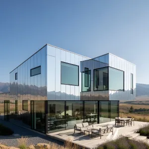 Modern Mirror Marvel: Reflective House in Open Landscape