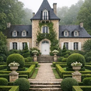 Foggy Manor With Formal Green Gardens