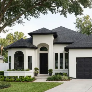 Soft Curved Entry Black Roof Residence