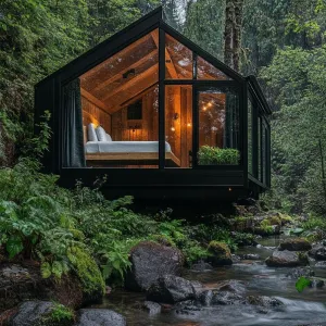 Futuristic Glass Cabin by the Stream