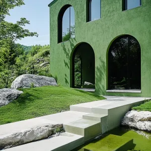 Green Dreamscape House With Arched Windows