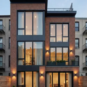 Brick Pavilion Brownstone With Glass Towers