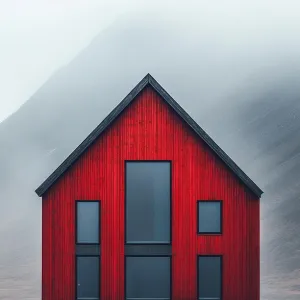 Crimson Cabin in a Misty Meadow