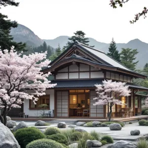 Tranquil Teahouse Nestled Beside Blossoms