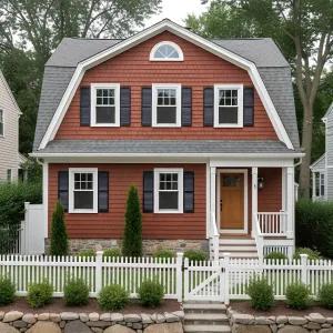 Brick-Red Gambrel With Navy Shutters