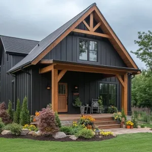 Charming Black Cottage with Wooden Accents