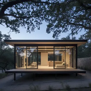Oak-Canopy Floating Glass Retreat