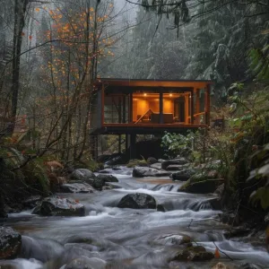 Floating Cabin Over a Stream