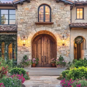 Stone Façade With Arched Wooden Doors