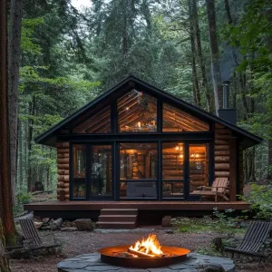 Woodland Cabin with Flickering Firelight