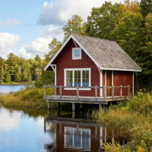 Crimson Cabin Perched Above Quiet Water