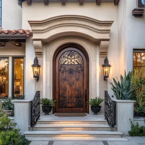 Carved Wooden Front Door With Iron Accents