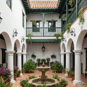 Verdant Balcony Courtyard With Central Fountain