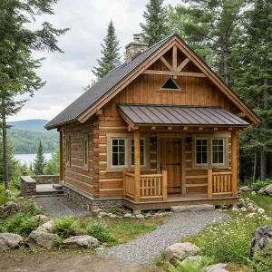 Lakeside Spruce Cabin With Stone Base