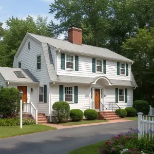 White Clapboard Gambrel With Green Shutters