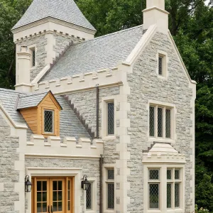 Turreted Limestone Country Manor Facade