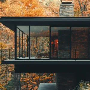 Elevated Elegance: Glass House Among Autumn Leaves