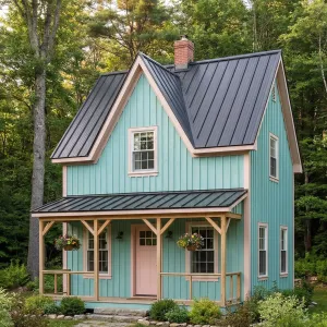 Teal Forest Cottage With Blush Trim