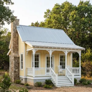 Sunny Veranda Stone-Chimney Tiny Cottage