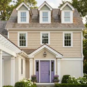 Lilac Entryway On Sand-Shingle Facade