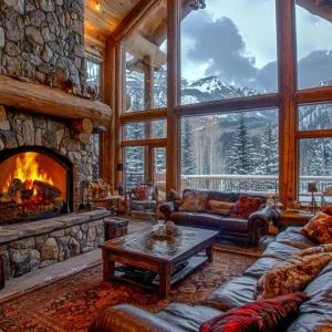 Luxury Mountain Lodge With a Grand Stone Fireplace in the Great Room