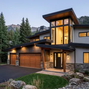 Cantilevered Peak Home Among Evergreens