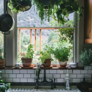 Hanging Herb Garden in Front of Windows