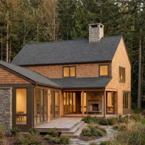 Shingled Woodland Retreat With Hearth Terrace