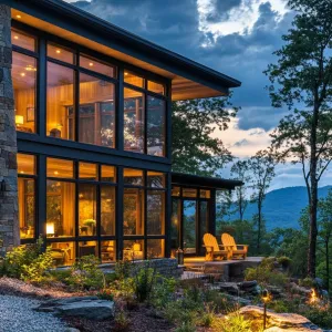 Mountain Dream Home Illuminated at Twilight