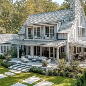 Dream House with a Stone Chimney and Elegant Patio