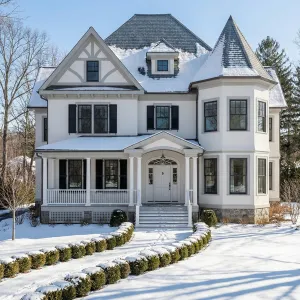 Snowy Turreted Suburban Manor