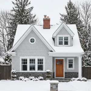 Snowy Gray Cottage With Warm Door