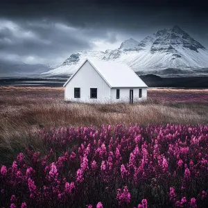 White Barn Amidst Blooming Splendor