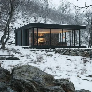 Sleek Glass Retreat Nestled in Snowy Serenity