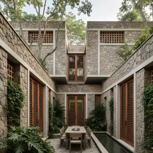 Stone Courtyard Mews Under Leafy Light