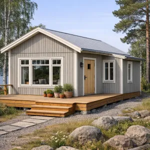 Soft-Gray Deckside Nordic Cottage