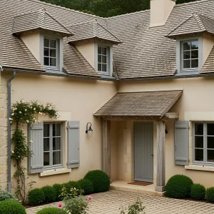 Charming Cottage with Sage Shutters and Cozy Charm