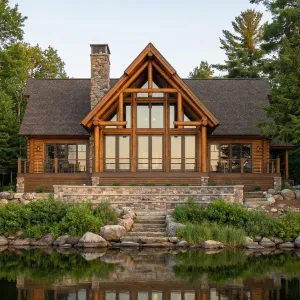 Lakeshore Timber Hall With Stone Steps