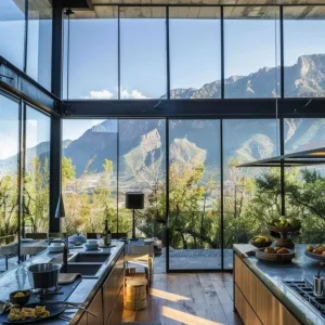 Glass Walls Opening to a Mountain Range