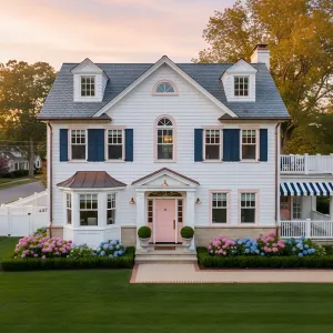 Pastel Portico Manor With Navy Shutters