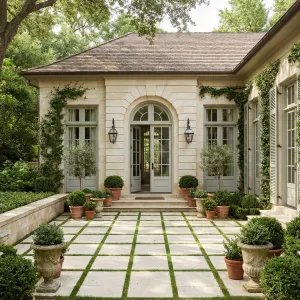 Stone Grid Courtyard With Potted Greens