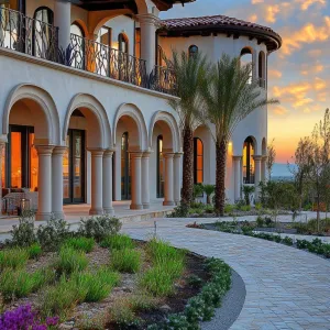 Mediterranean Mansion Arches Under a Sunset