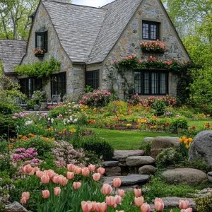 Fairy Tale Stone Cottage Bedecked with Blossoms