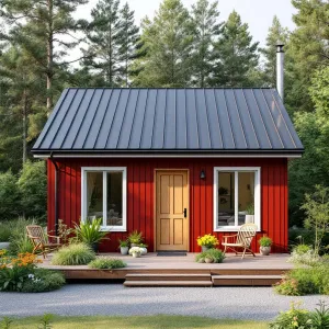 Crimson Cabin Amidst the Evergreens
