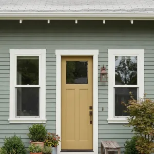 Sage Porch With Mustard Welcome Door