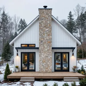 Charming Stone Chimney Barn Nestled in Snow