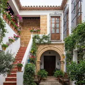 Flower-Lined Stairway Courtyard Escape