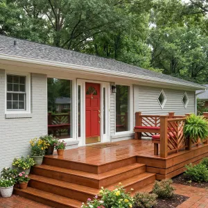 Red Door Porch With Cozy Bench Deck