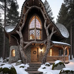 Twisty Timber Cottage in Snowy Enchantment