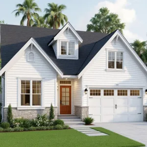 Palm Breeze Enclave: Bright Cottage with Classic Gables and Sunny Lawn